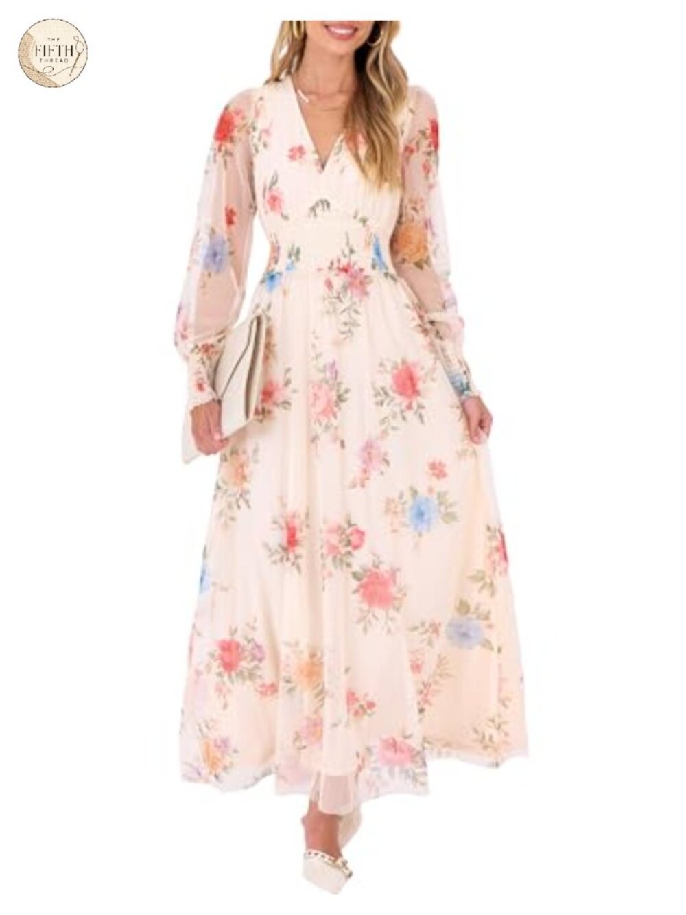 Women's Tulle Floral Maxi Dress Long Sleeve V-Neck Wedding Guest